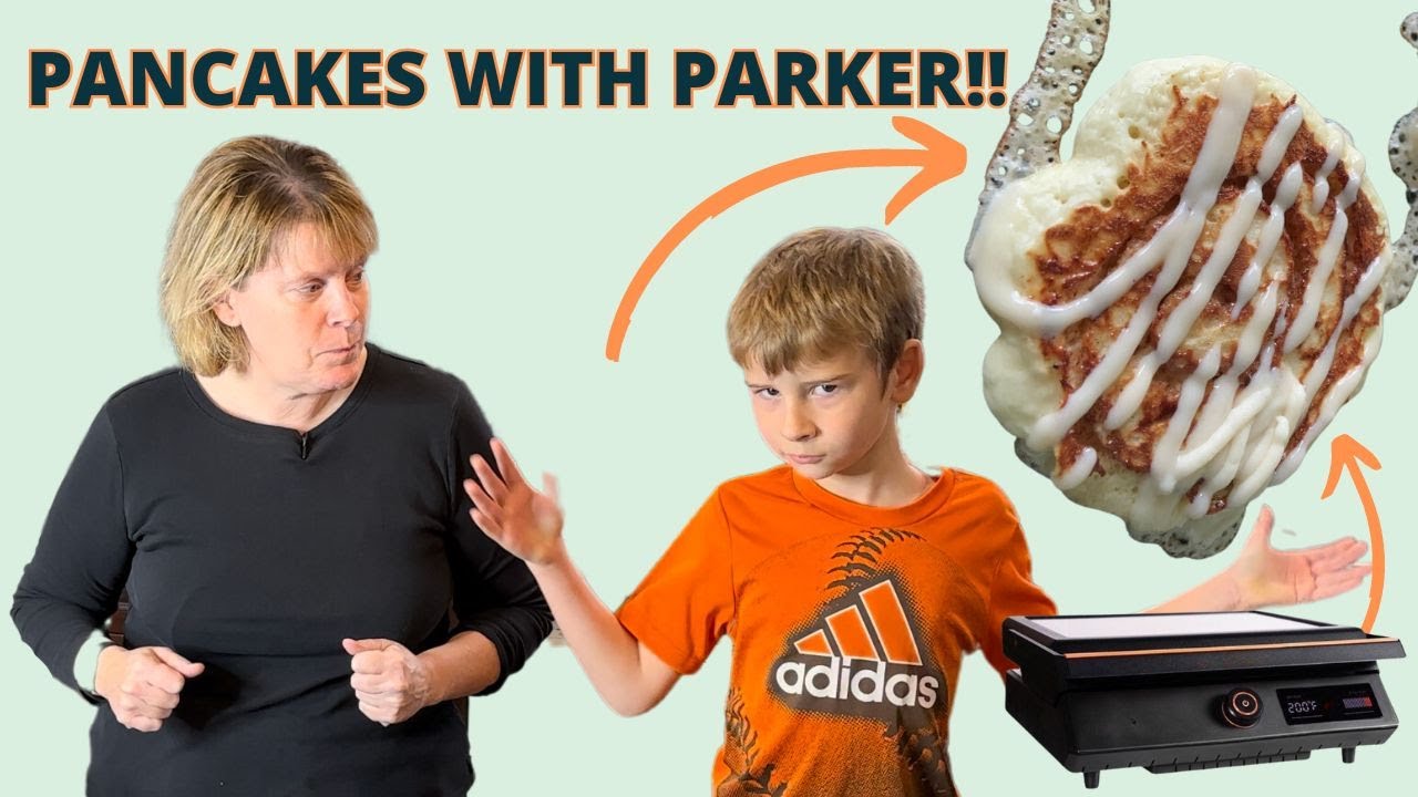 EASY Blackstone Cinnamon Roll Pancakes w/ Parker.  This is a MUST TRY cinnamon roll PANCAKE recipe!