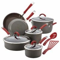 Rachael Ray 87630 Cucina Hard Anodized Nonstick Cookware Pots and Pans Set, 12 Piece, Gray with Red Handles