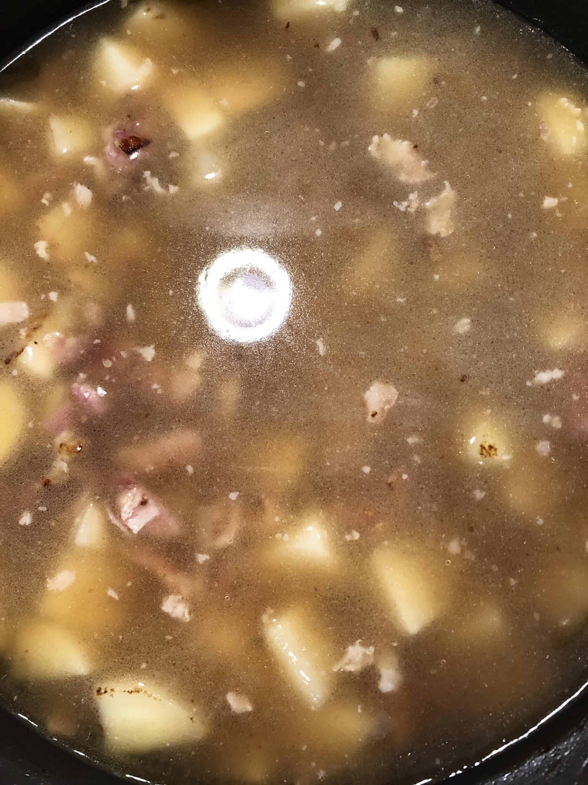 Stock, Potatoes, Bacon and Onions