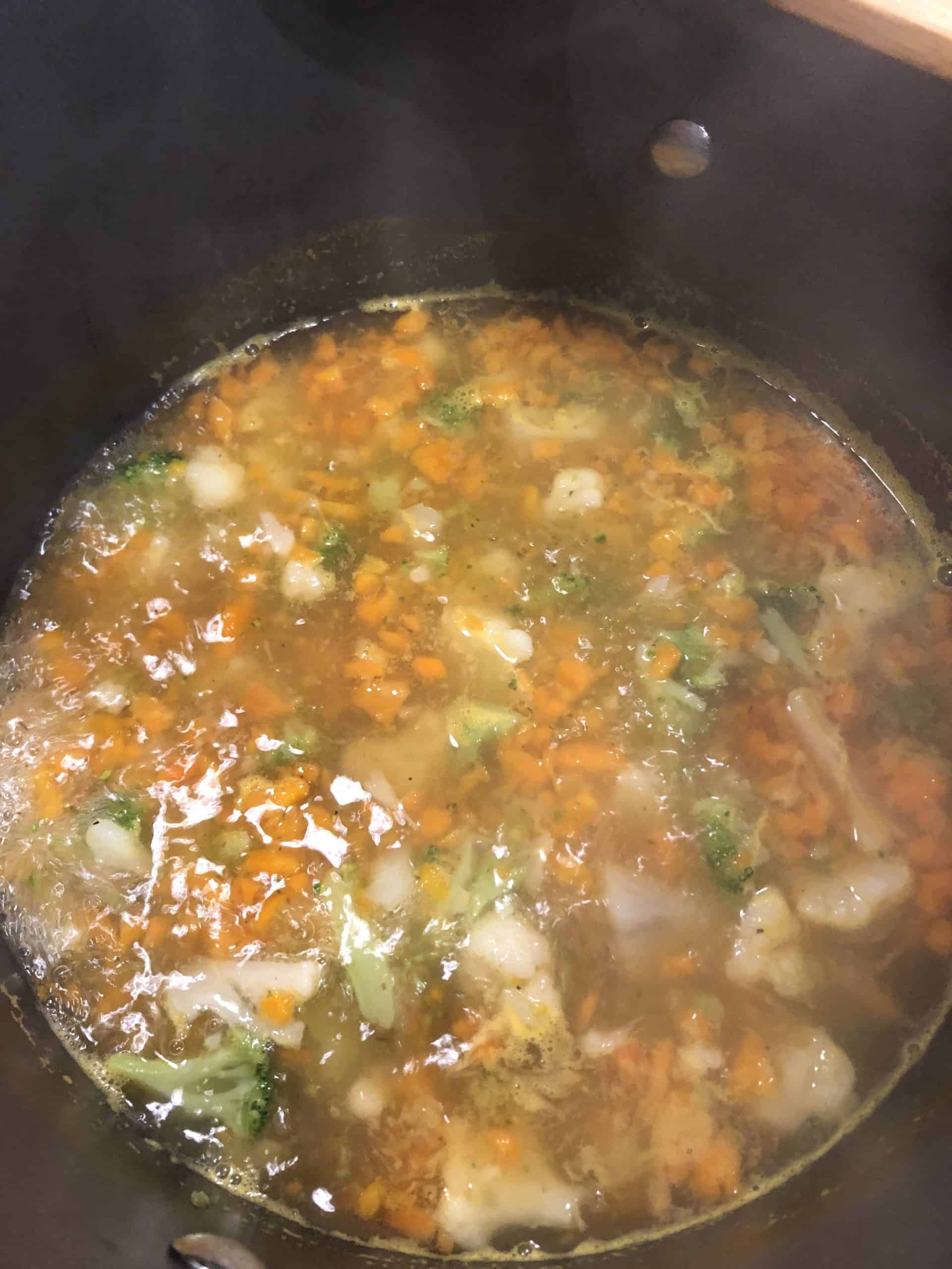 Mixed-up Chopped Carrots, Broccoli and Cauliflower in Chicken Broth