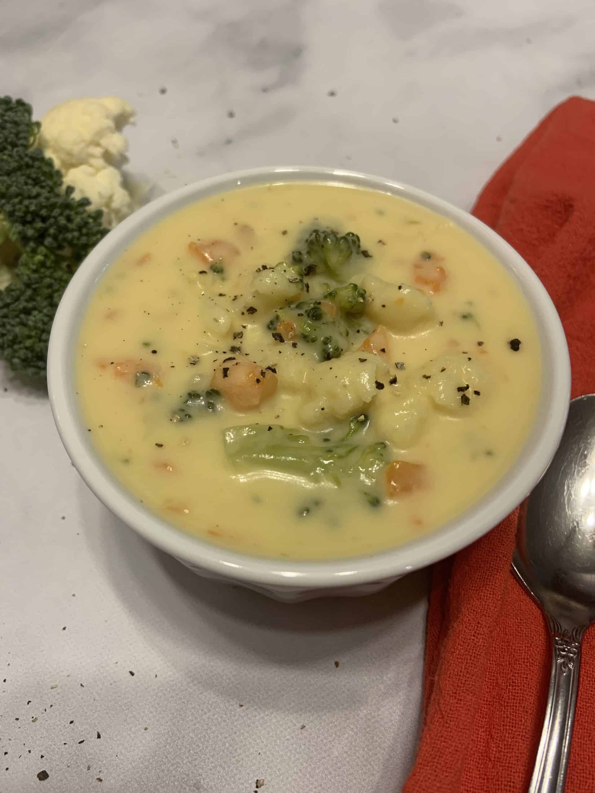 Bowl of Cheesy Broccoli Cauliflower Soup