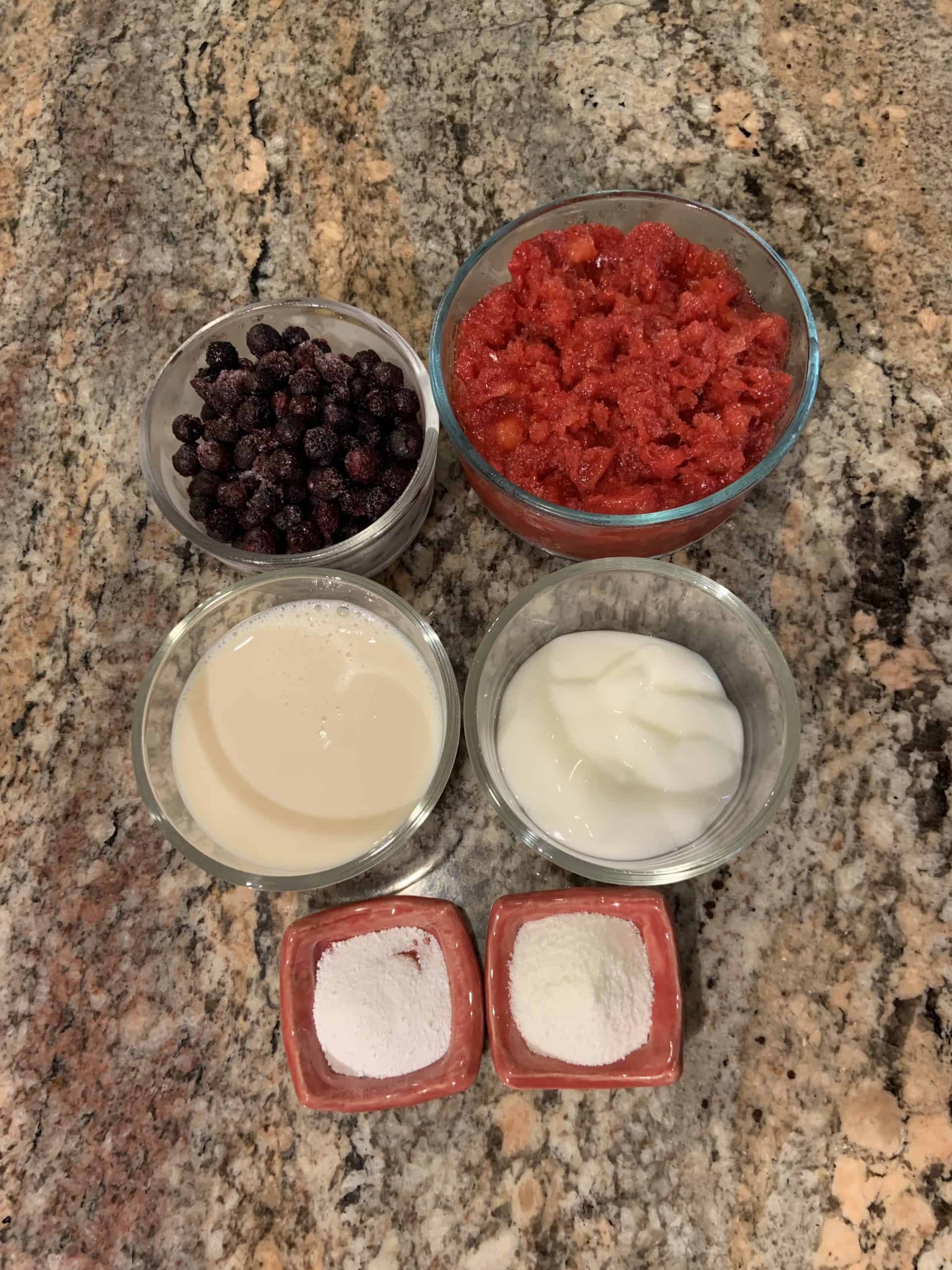 Smoothie Ingredients - Frozen Strawberries & Blueberries, Yogurt, Milk, Smoothie Mix and Sweetner