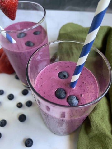 Top View of Strawberry Blueberry Smoothie in Glasses