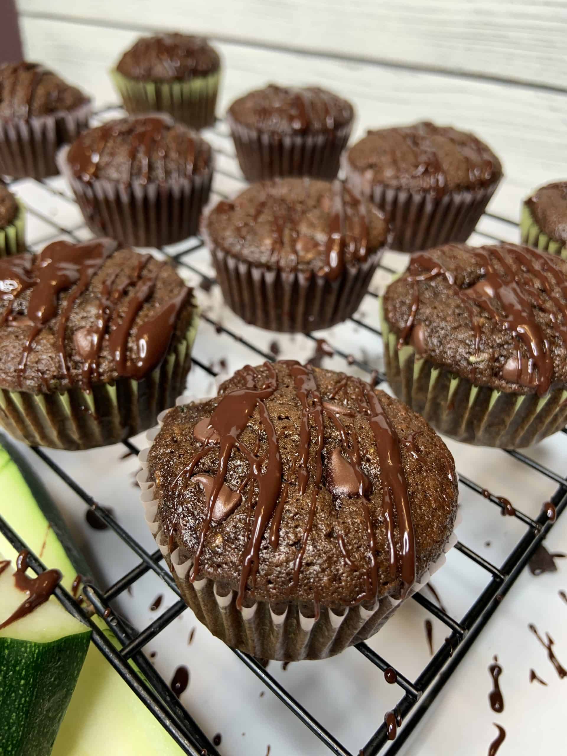 Triple Chocolate Zucchini Muffins on a cooling rack