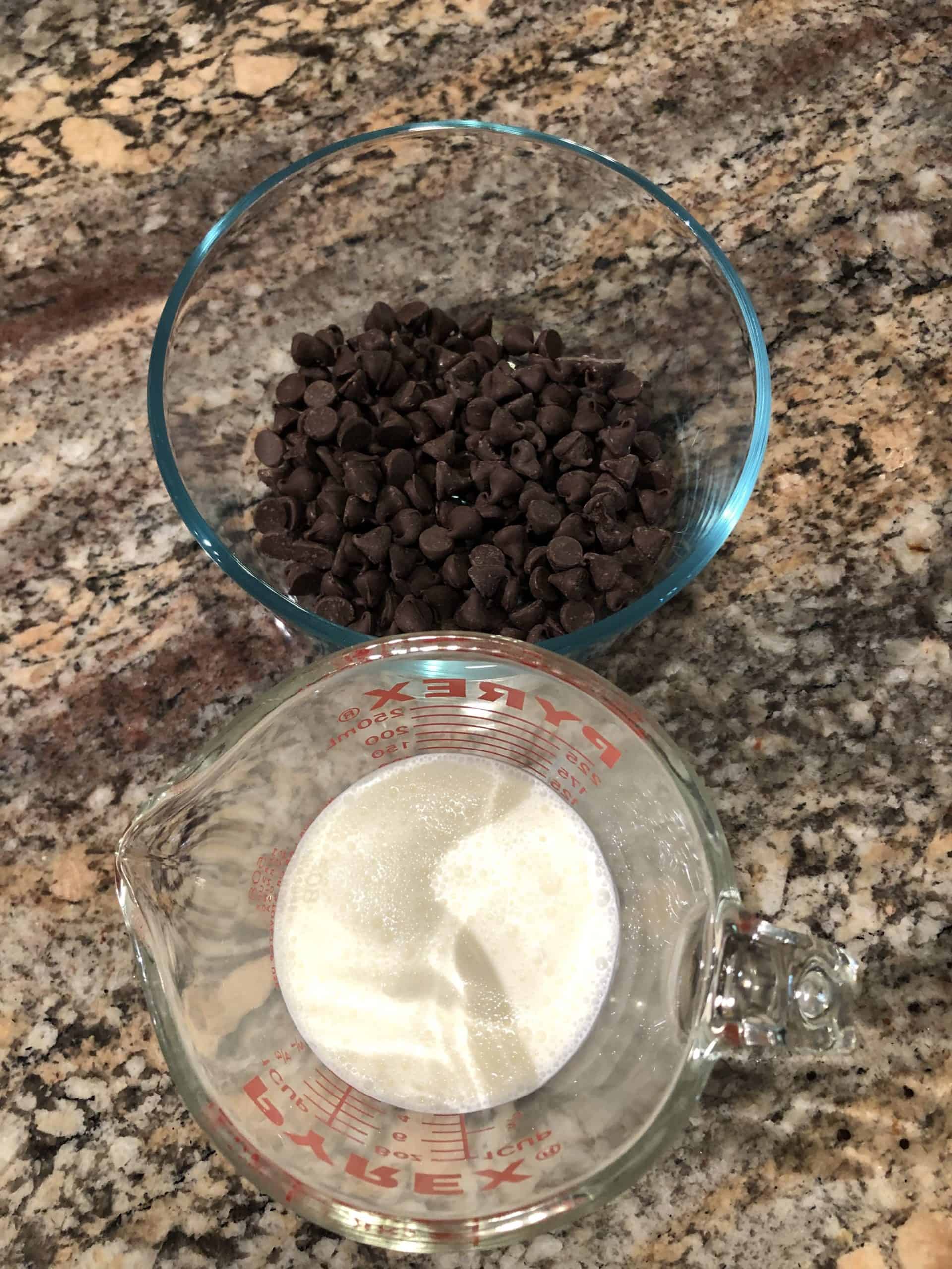 Heavy Cream and Semi Sweet Chocolate Chips in their own bowls