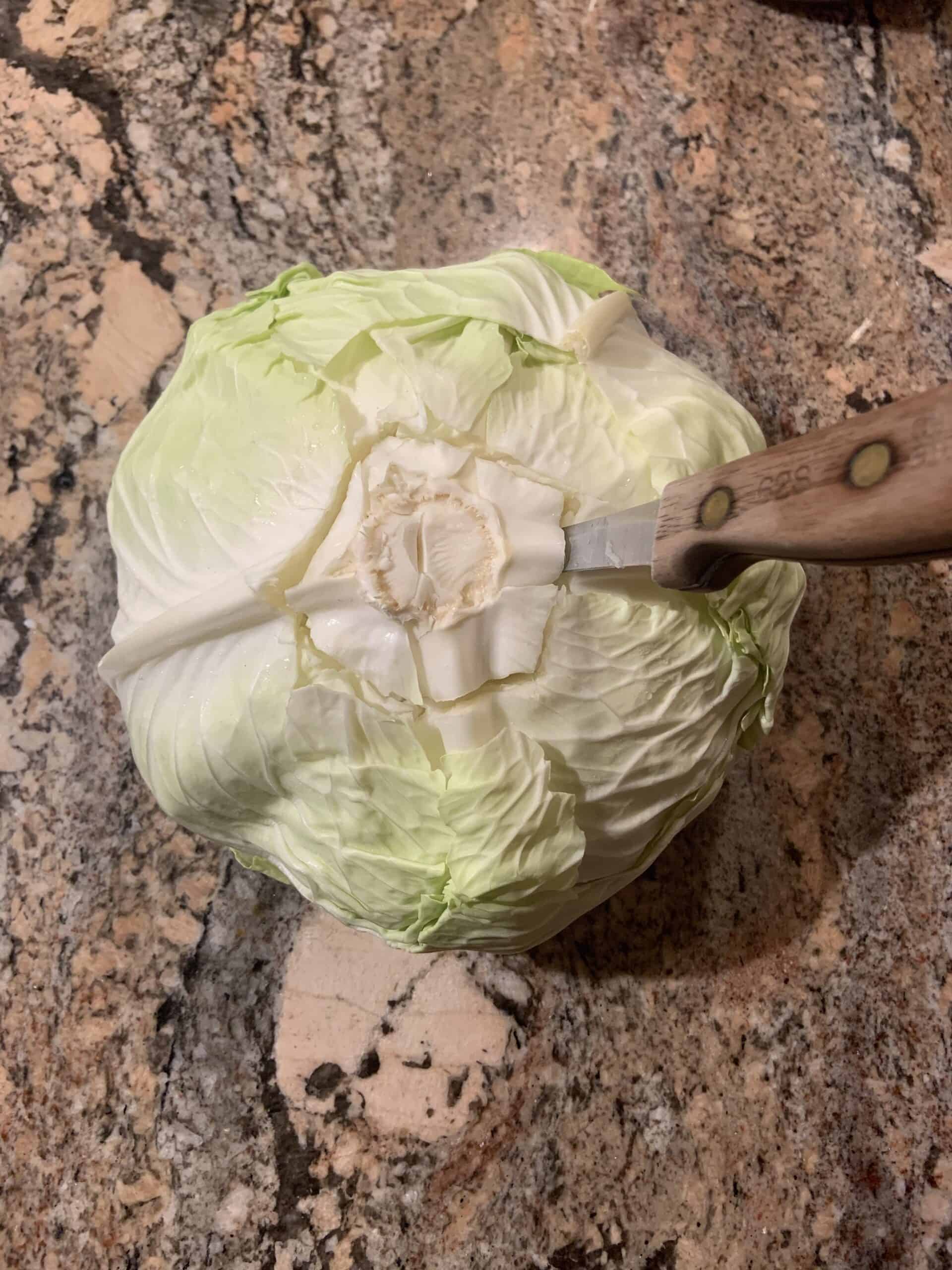 Cutting the core out of the cabbage.