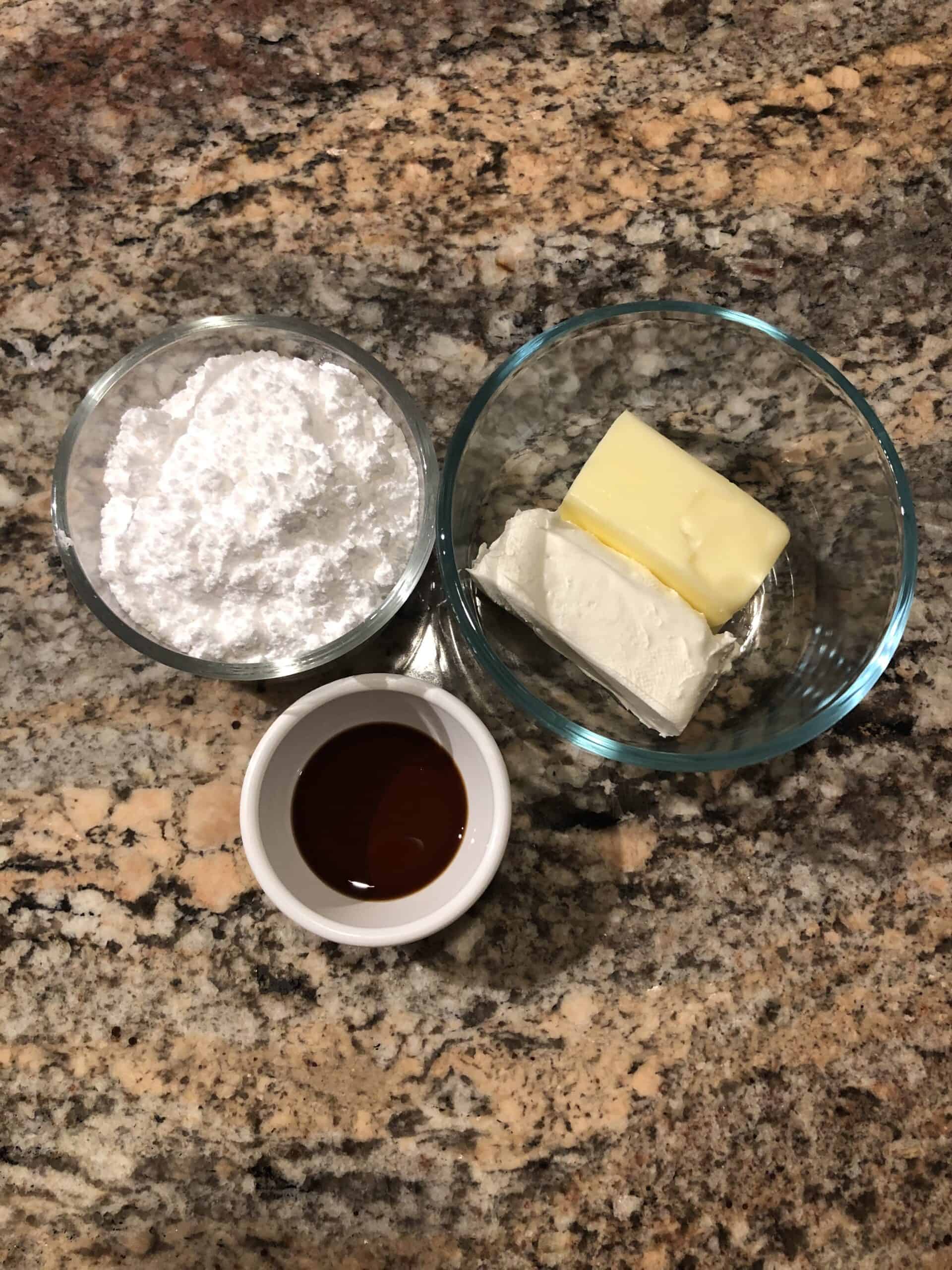 Cream Cheese Glaze Ingredients - Butter, Cream Cheese, Powdered Sugar and Vanilla 