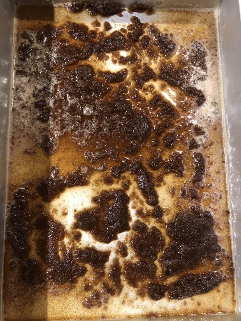 Brown butter/sugar mixture in the bottom of 9x13 baking pan.