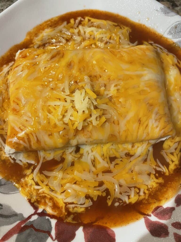 Microwave melted cheese wet burrito.