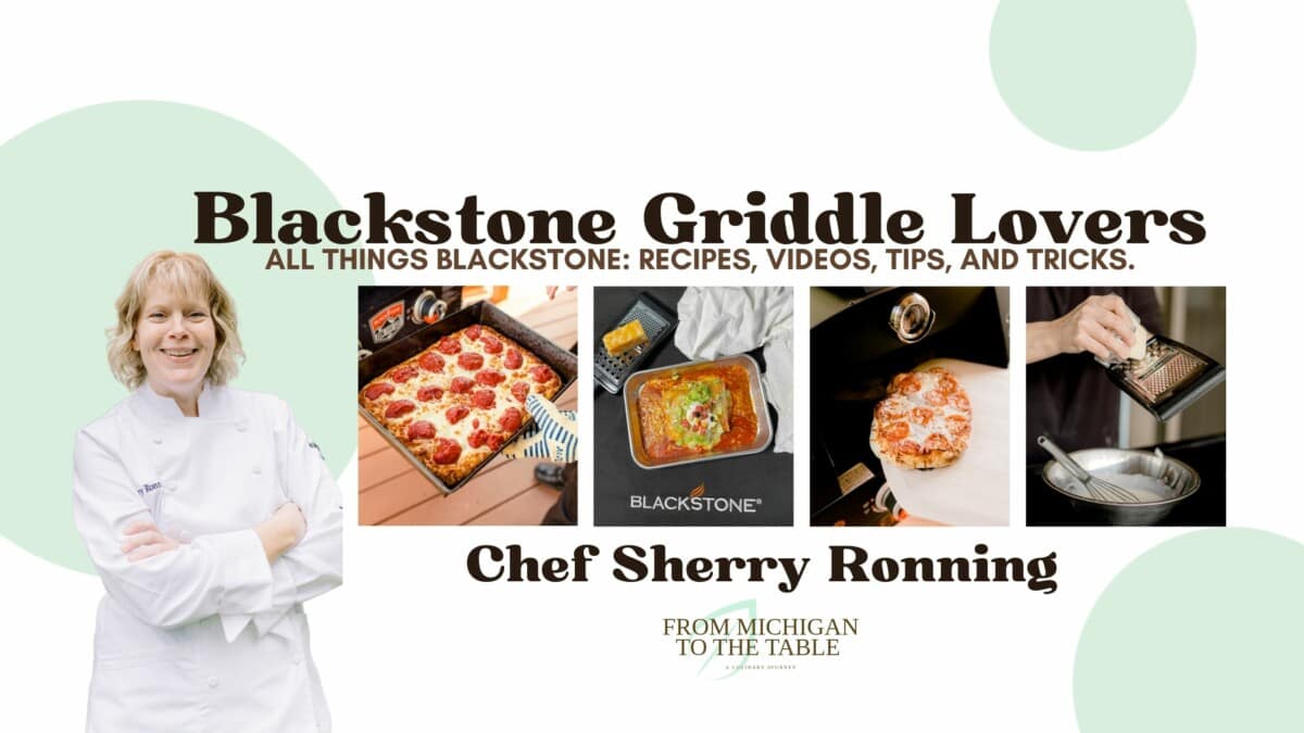 Blackstone Griddle Lovers Facebook Group Banner Featuring Chef Sherry Ronning along with several of her griddle recipes.  