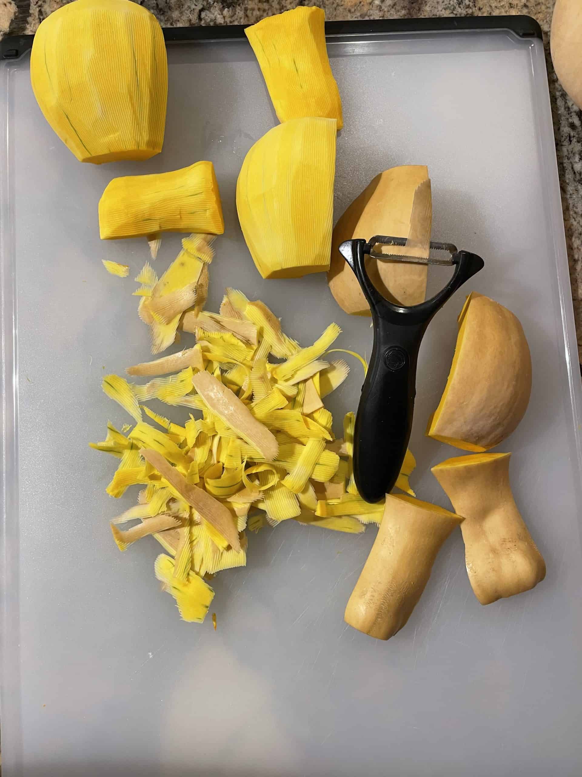 Cleaned, peeled and cut butternut squash.