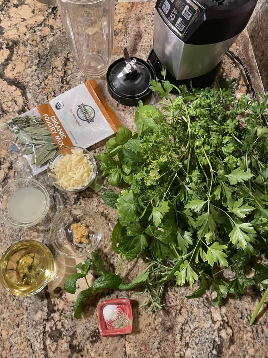 Nut Free Pesto Ingredients - Greens, parmesan, olive oil, lemon juice, minced garlic, salt and pepper.