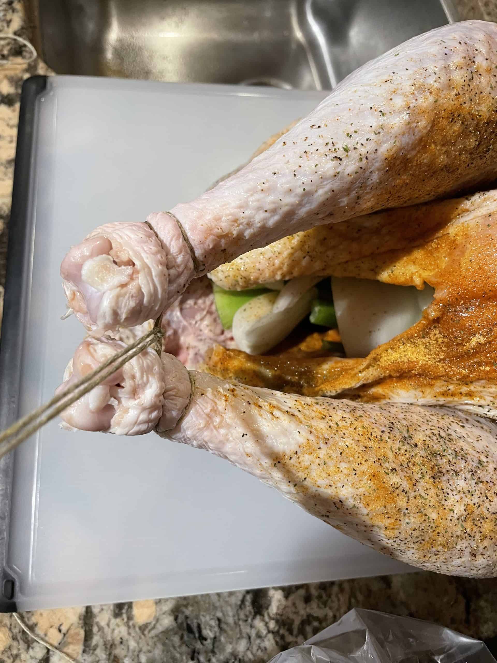 Tye the turkey legs together before roasting.