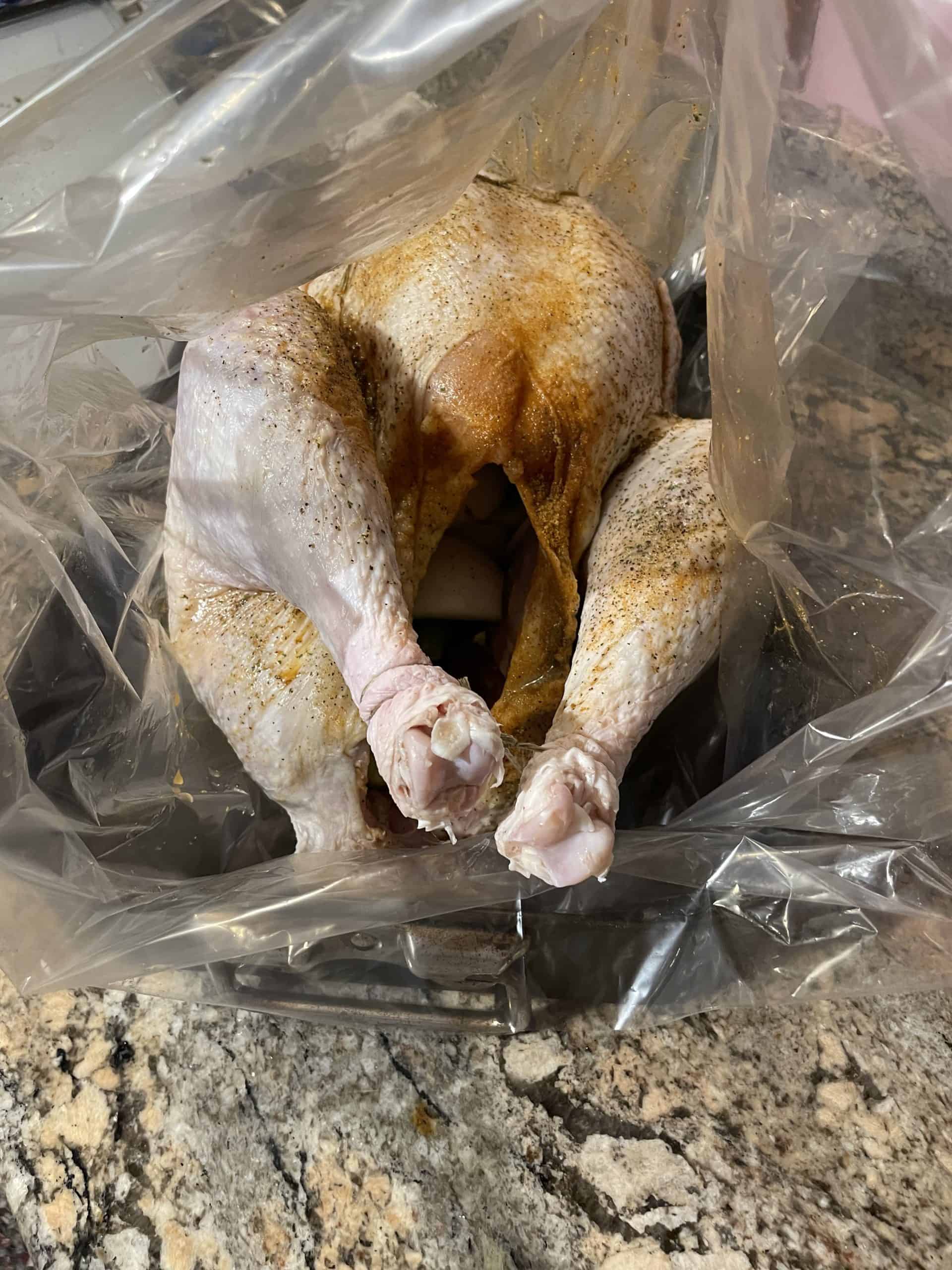 Place the prepared turkey into the turkey roasting bag.