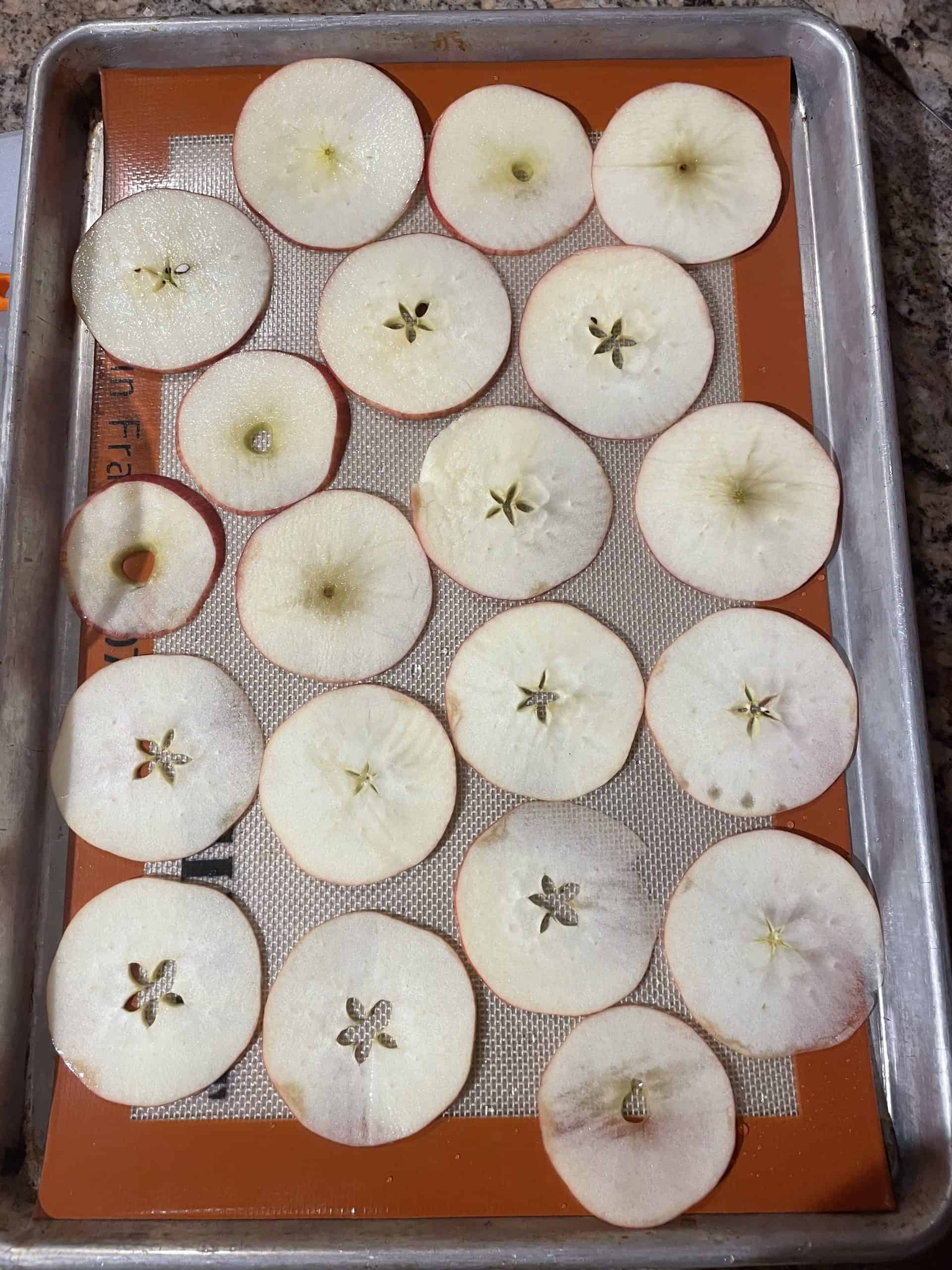 Apple Slices on a Silpat sheet pan.