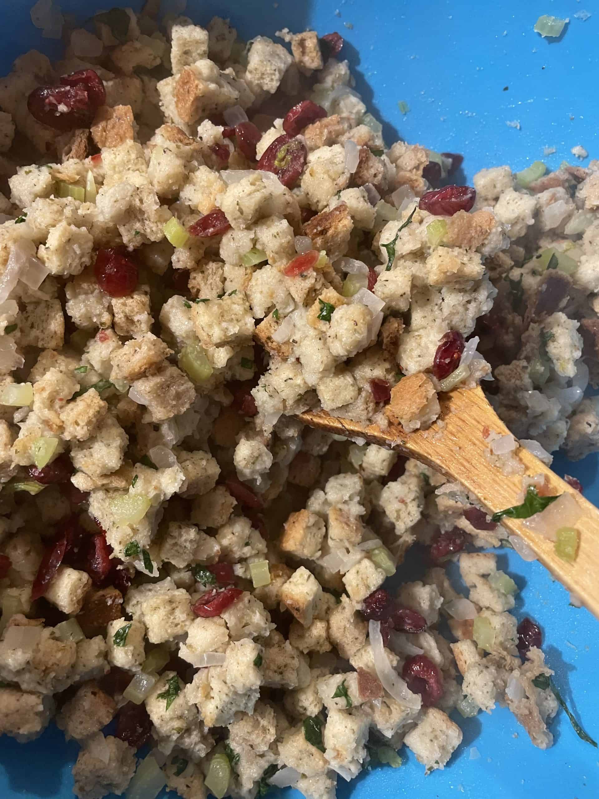 Mixed stuffing in a bowl.