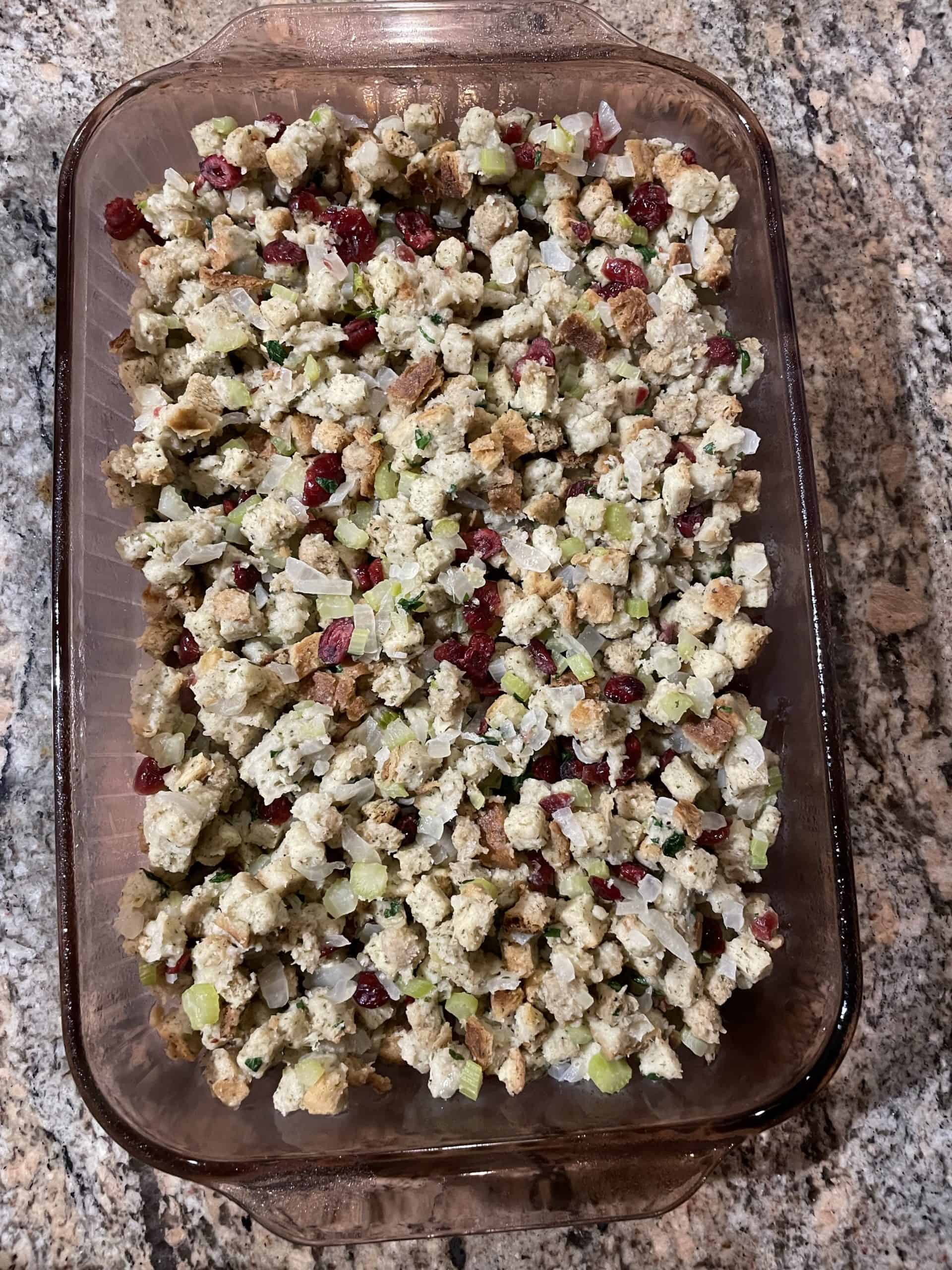 Cranberry Stuffing Recipe in a baking dish.