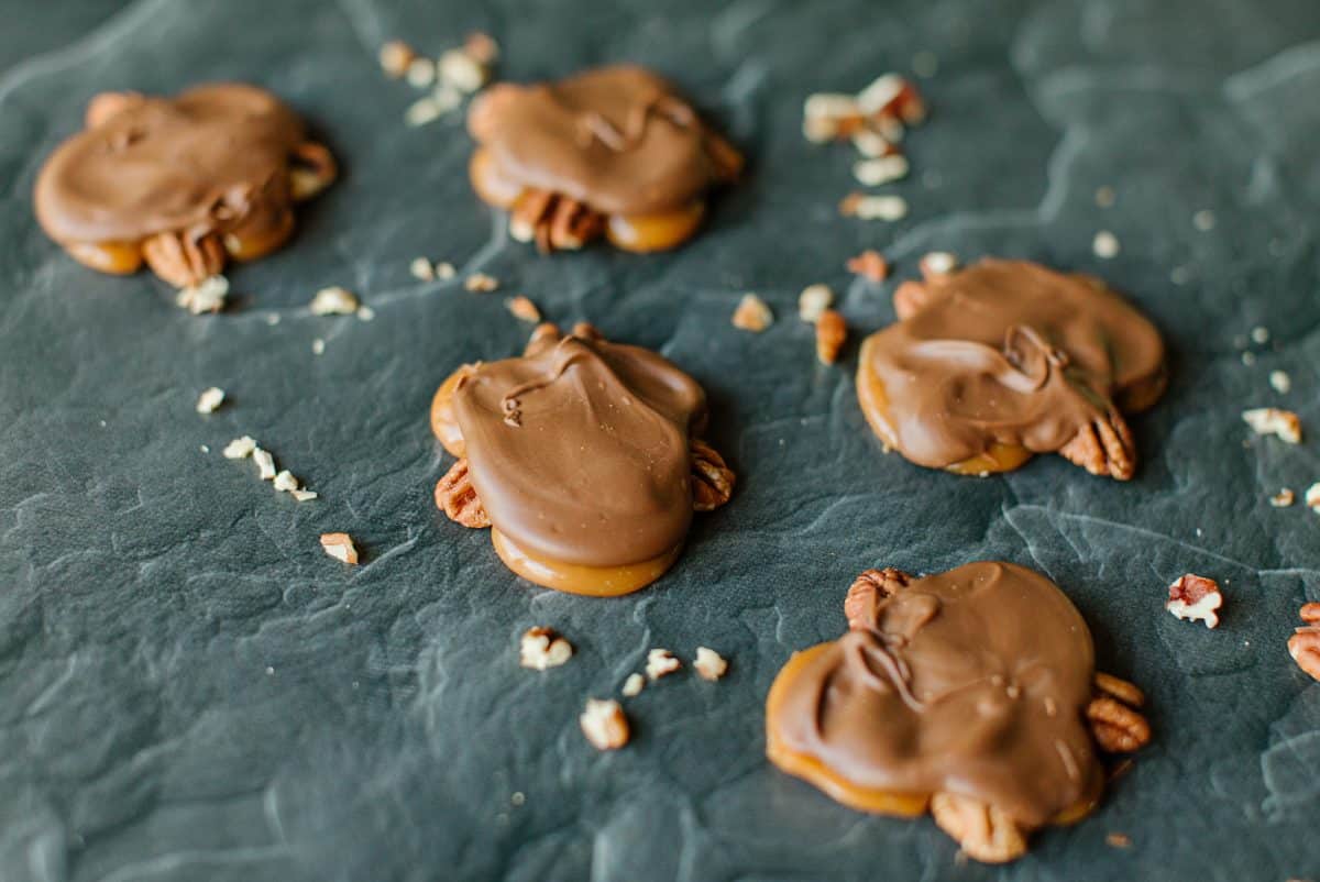 Chocolate, caramel, and pecan turtle candy
