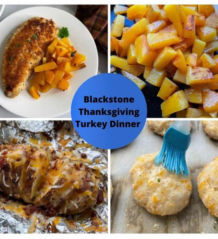 Blackstone Thanksgiving Turkey Dinner - turkey cutlet, butternut squash, hasselback potato, and cheddar biscuits