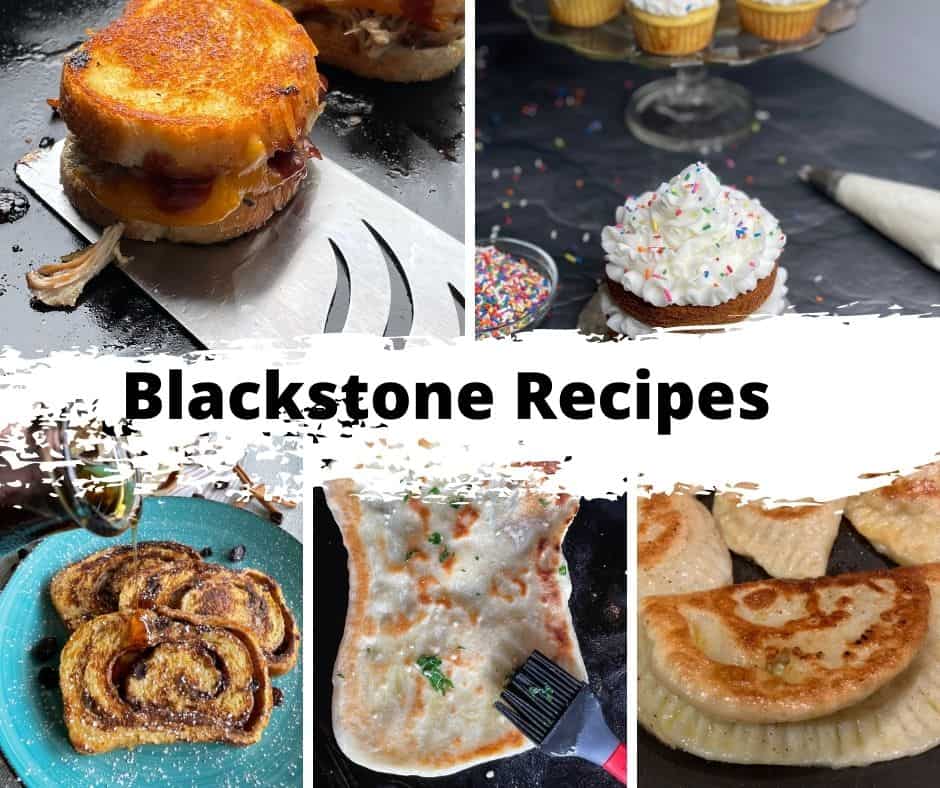 FMTTT Blackstone Recipes such as French toast, garlic naan bread, cabbage pierogi, pulled pork grilled cheese and griddle cakes.