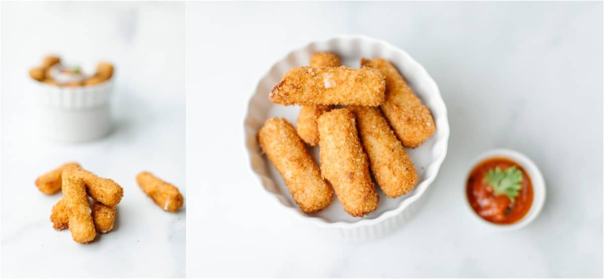 Fried Mozzarella Ball and Fried Cheese Sticks Recipe, served in a dish with a side of marinara sauce.