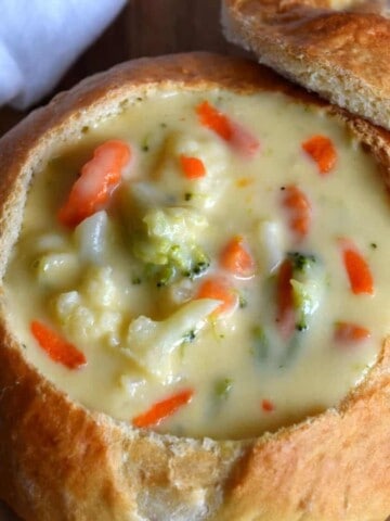 Cauliflower Broccoli Cheesy Soup in a Homemade Bread Bowl