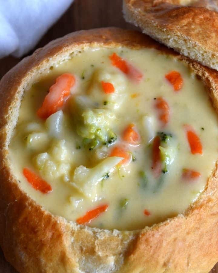 Cauliflower Broccoli Cheesy Soup in a Homemade Bread Bowl