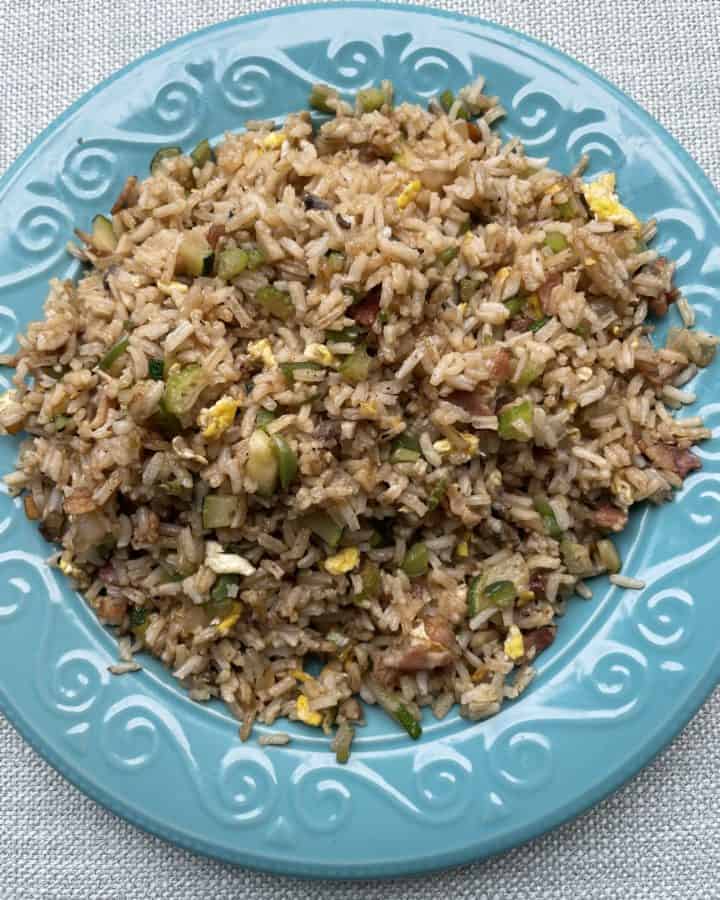 A teal plate filled with Blackstone Griddle cooked Fried Rice