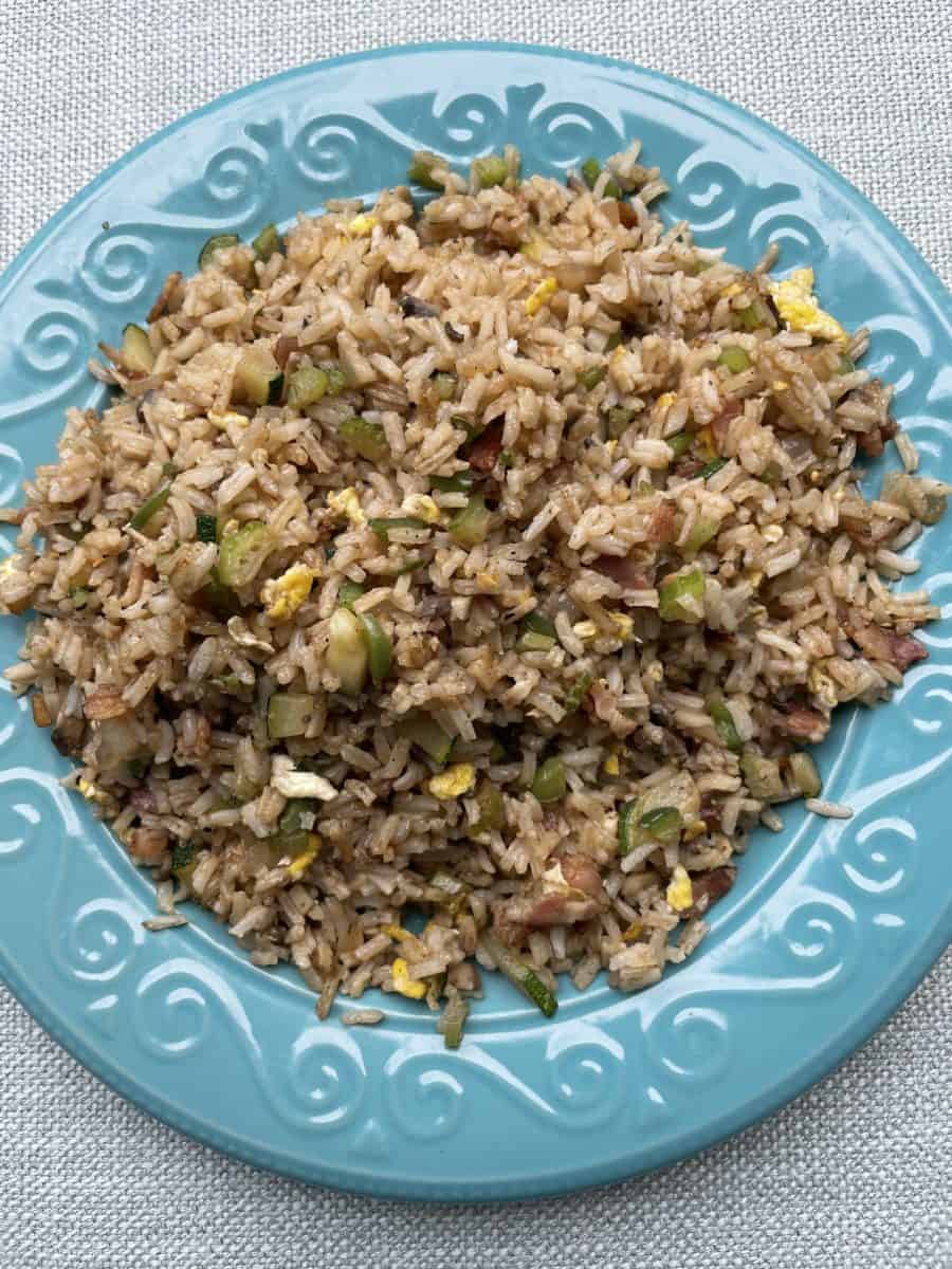 A teal plate filled with Blackstone Griddle cooked Fried Rice