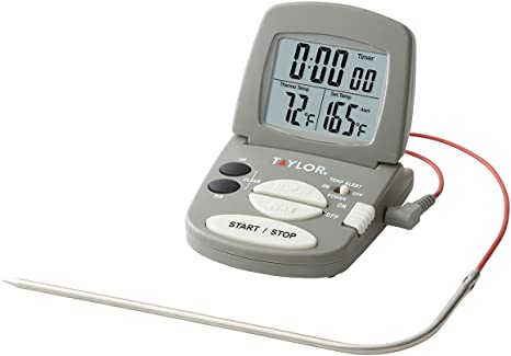 Taylor Precision Products Programmable with Timer Instant Read Wired Probe Digital, Meat, Food, Grill BBQ Cooking Kitchen Thermometer with Timer, Gray