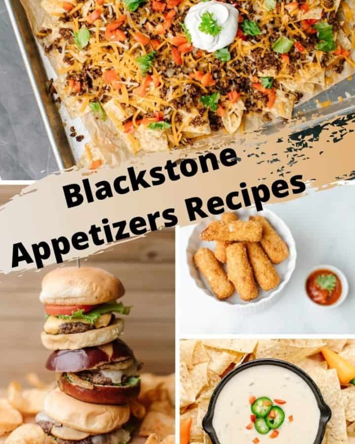 Blackstone Appetizers Recipe - Sheet Pan Nachos Supreme, Burger Tower, a bowl of Fried Mozzarella Sticks with a side of Marinara Sauce and a small Cast Iron Pan of White Queso Dip surrounded by Tortilla Strips.