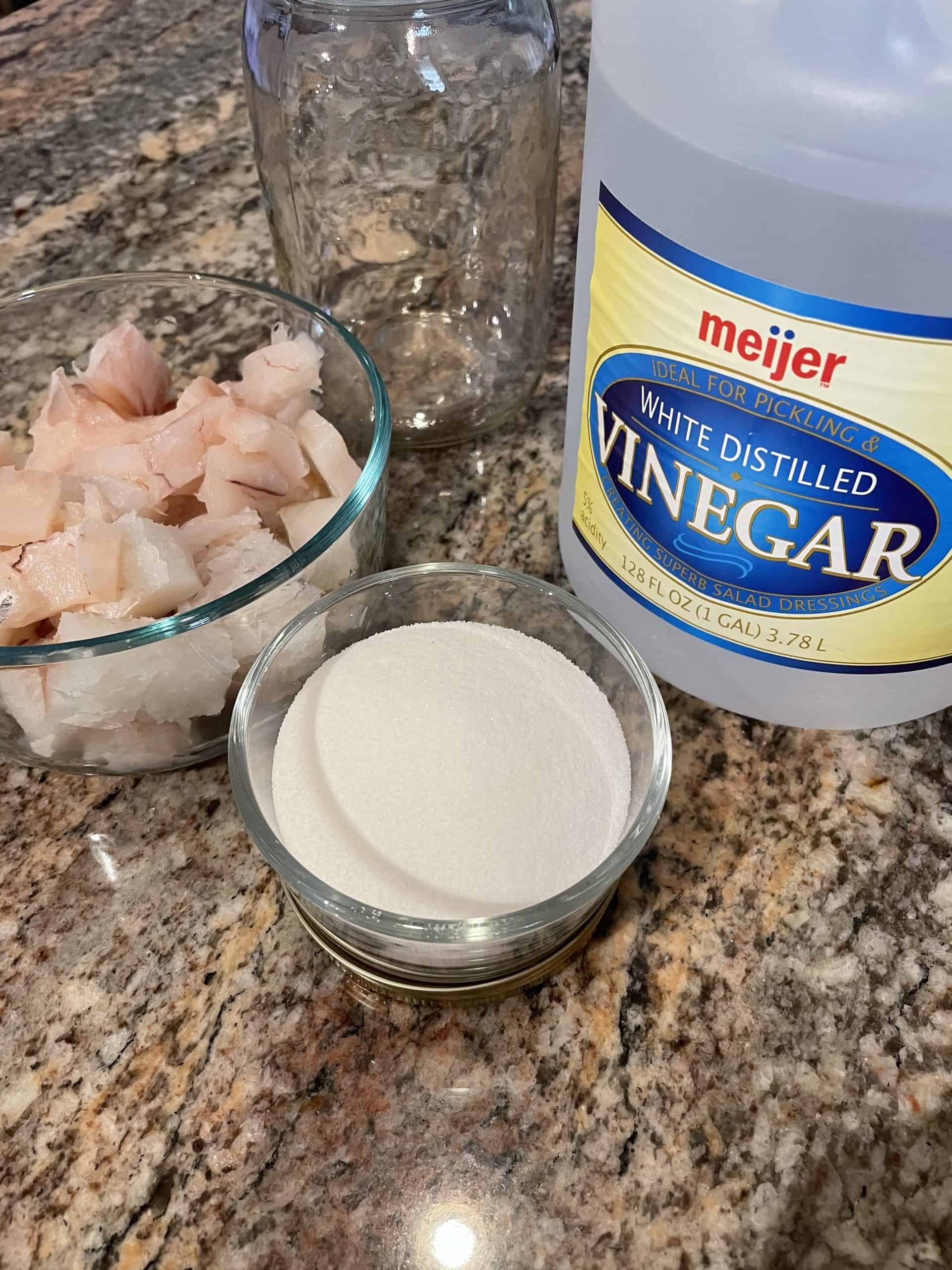 Salt Brine Ingredients - Vinegar, Salt and Cod Pieces.