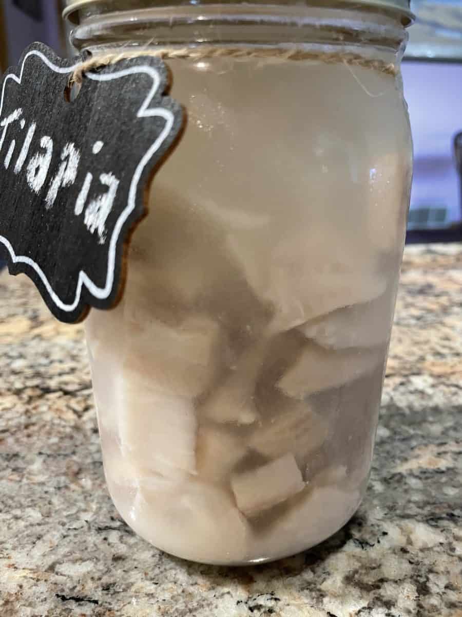 Salt brined tilapia in a quart jar.