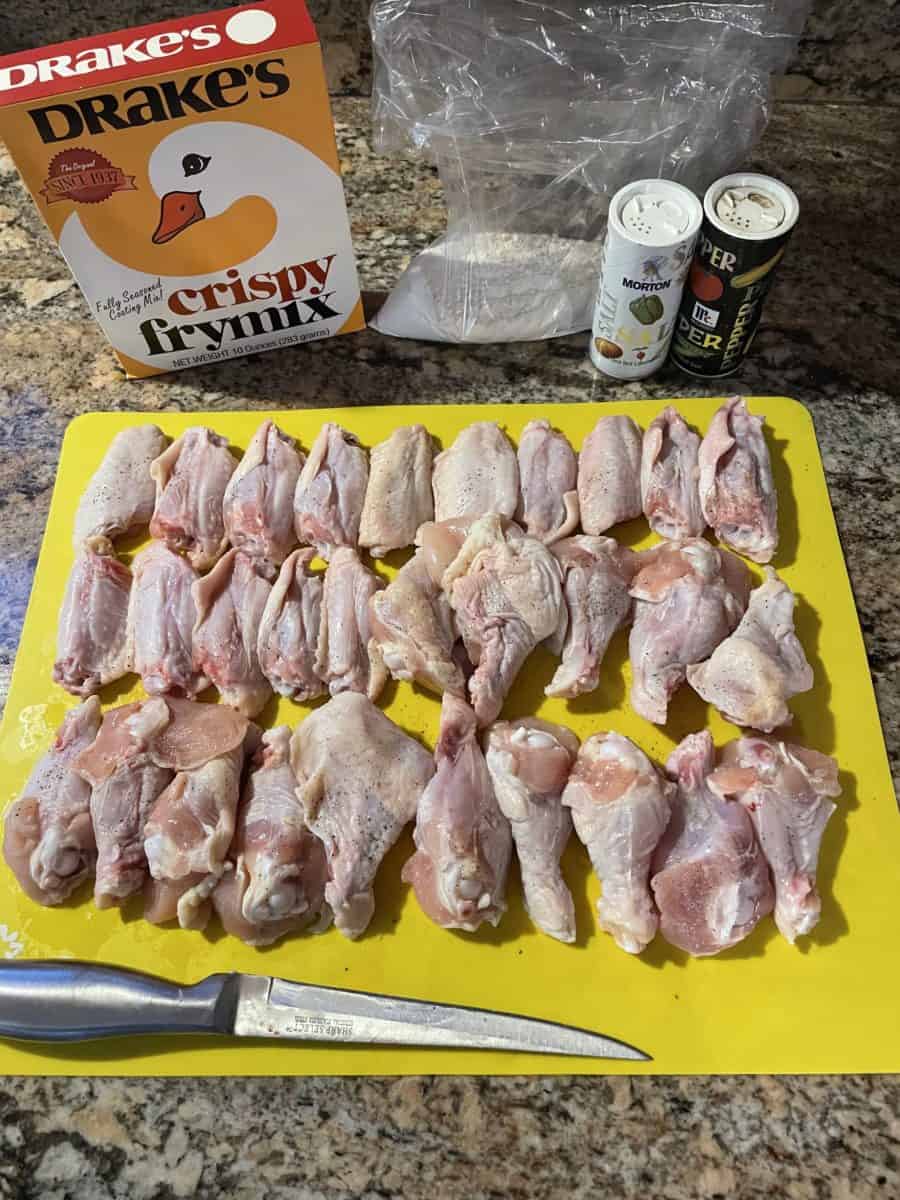 Great American Wings Ingredients: wing pieces, Drakes Frymix, wing batter in a storage bag, salt and pepper.