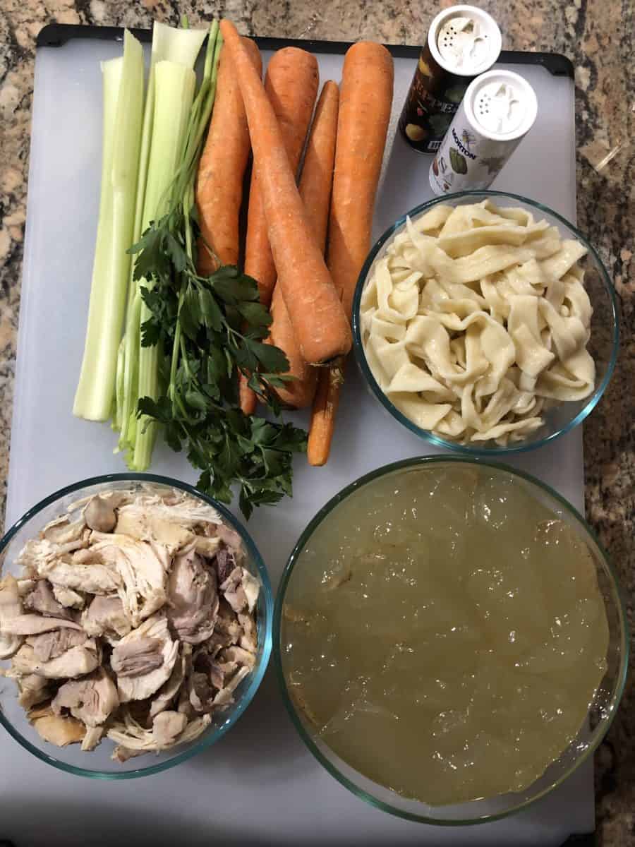Homestyle Chicken Noodle Soup Ingredients: chicken, noodles, chicken broth, carrots, celery, parsley, salt, and pepper. 