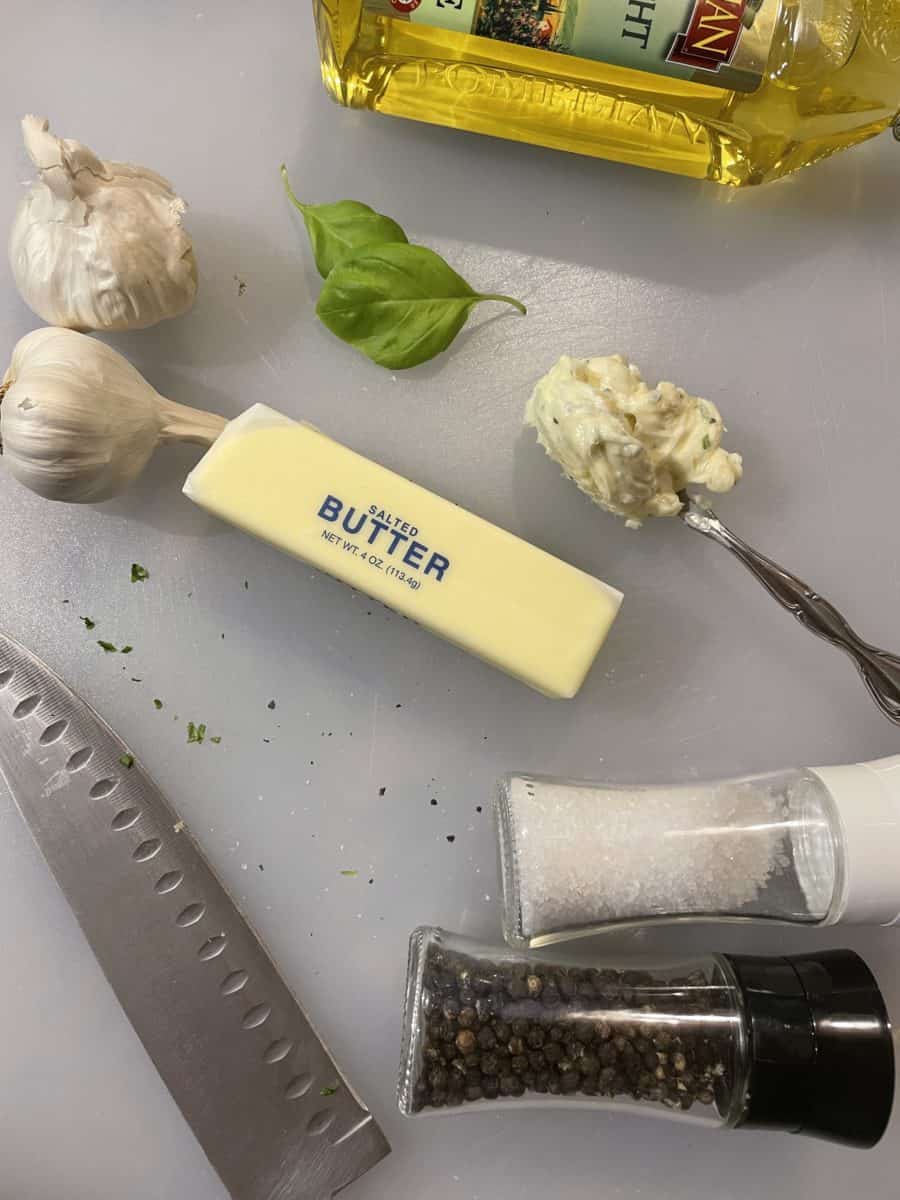 Herb Butter Ingredients: Butter, Basil, Garlic, Olive Oil, Salt and Pepper.
