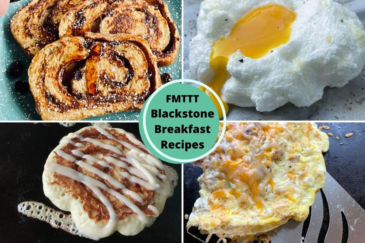 Blackstone Griddle Breakfast Recipes - Cinnamon Swirl French Toast and Pancakes, Cloud Eggs, and Ham Egg and Cheese Omelette.