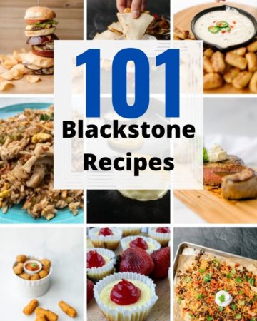A collection of Blackstone Recipes: burger tower, quesadillas, queso dip, chicken fried rice, egg patties, garlic butter steaks, fried cheese sticks and balls, mini cheesecakes, and sheet pan nachos.