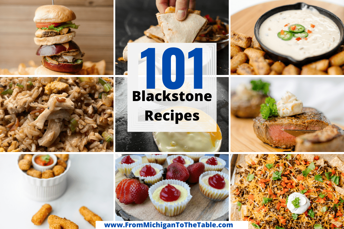 A Load of Blackstone Recipes: burger tower, quesadillas, queso dip, chicken fried rice, egg patties, garlic butter steaks, fried cheese sticks and balls, mini cheesecakes, and sheet pan nachos.