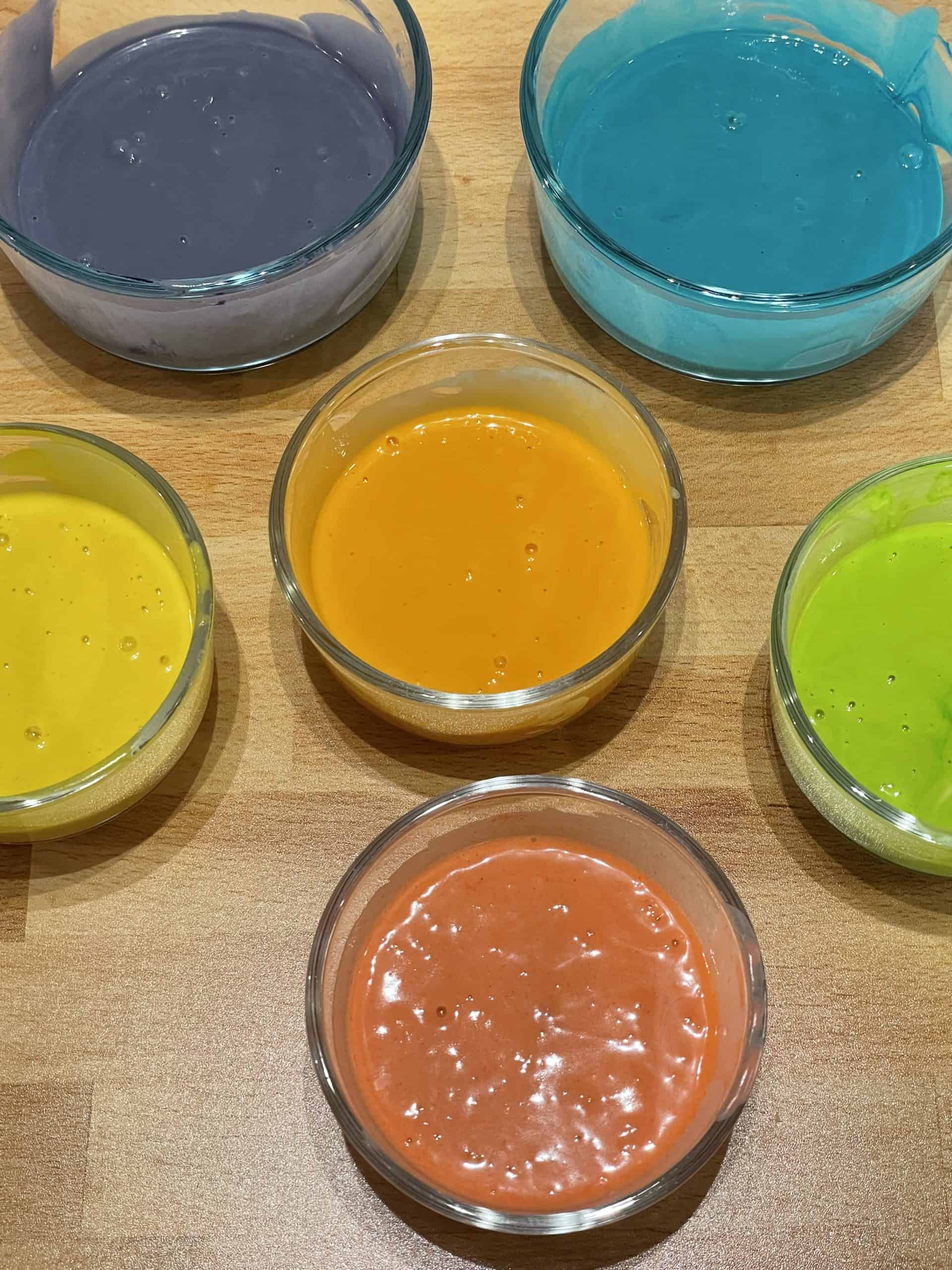 6 Different Bowls of Colored Pancake Batter.