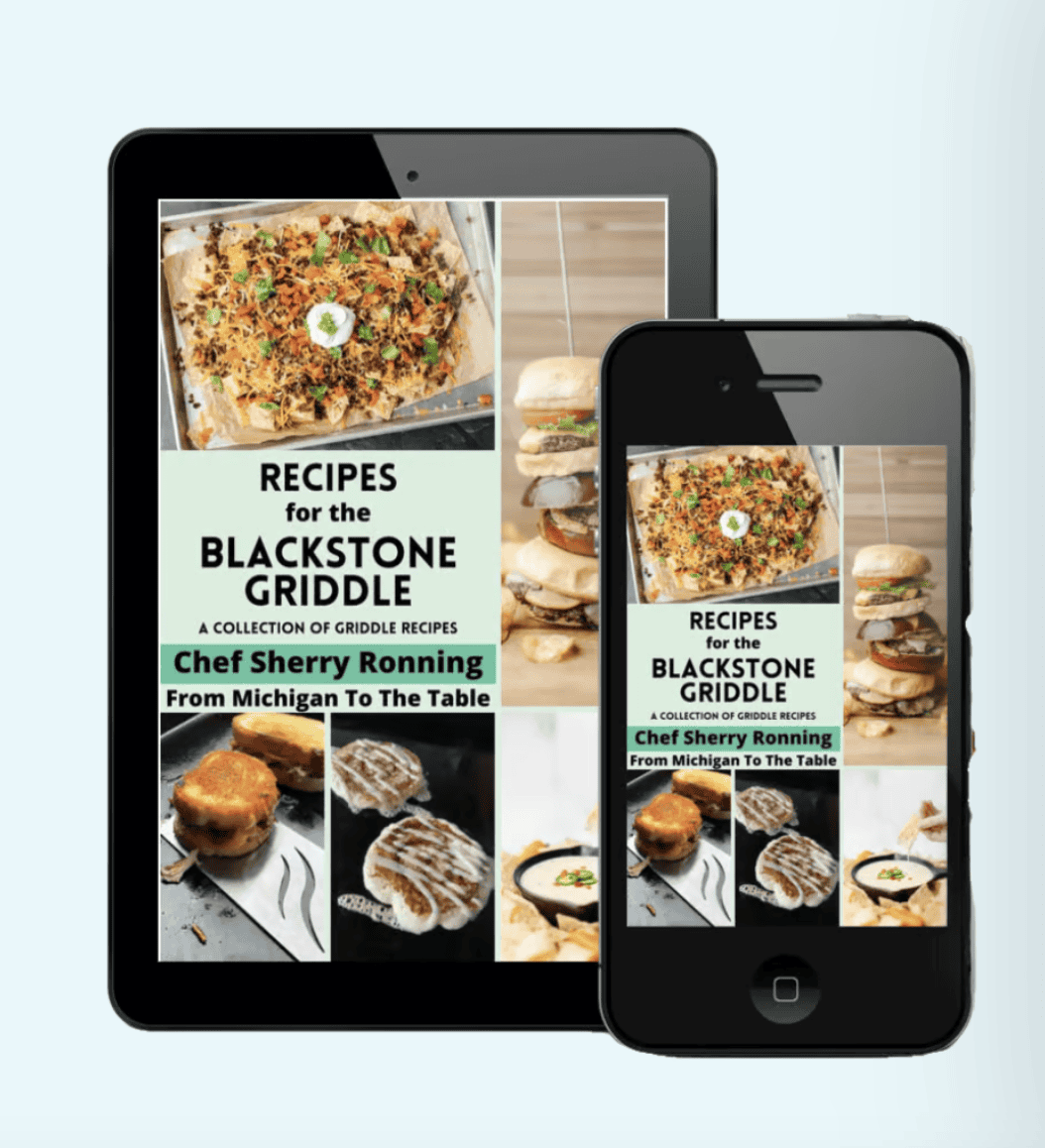An IPad and IPhone with pictures of "Recipes for the Blackstone Griddle" digital cookbook.