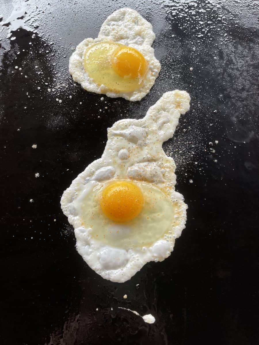Fried Eggs Cooking on a Blackstone Griddle.