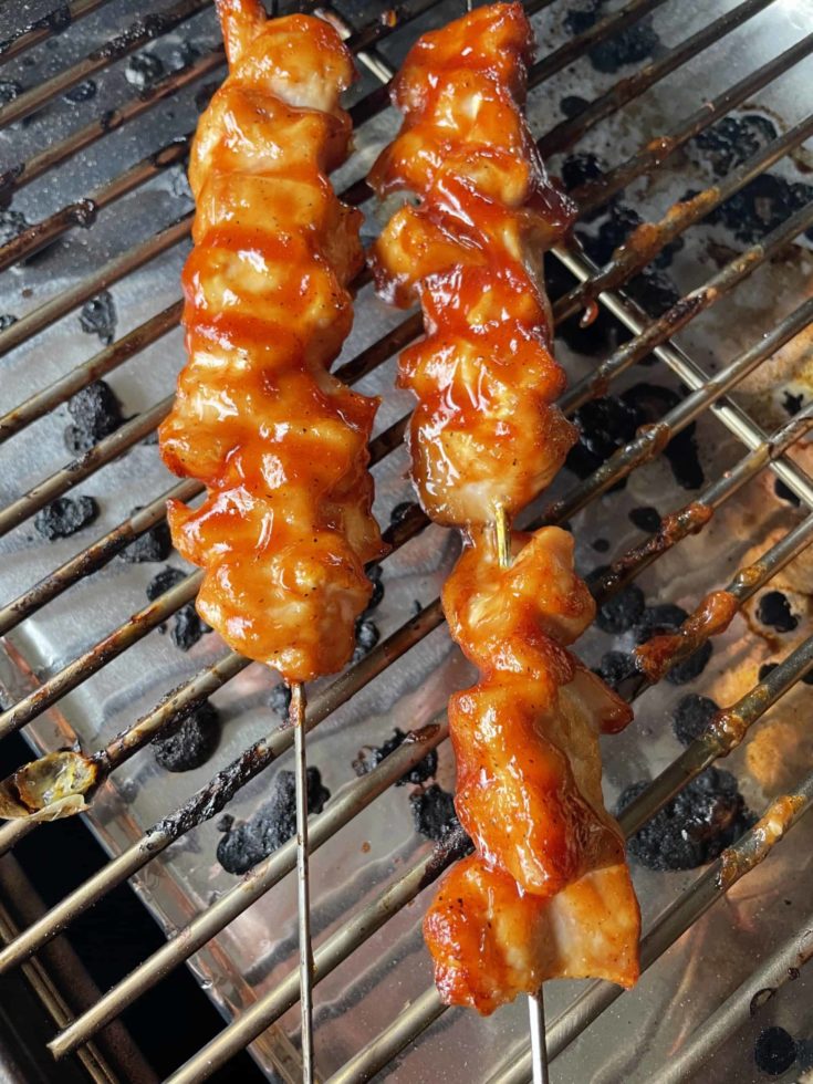 Cooking Barbecue Chicken Breast Skewers on a Pellet Grill.