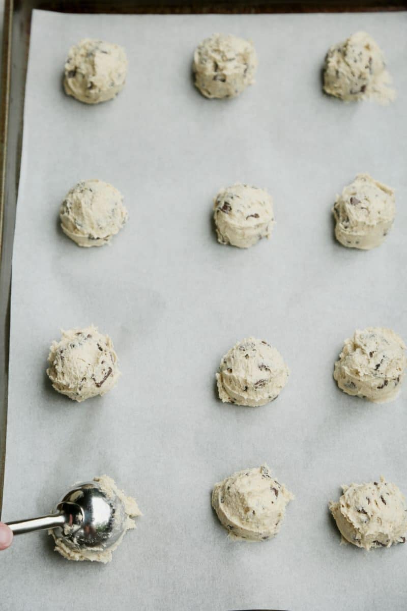 Portioning out Cookie Dough Batter onto a Sheet Pan.