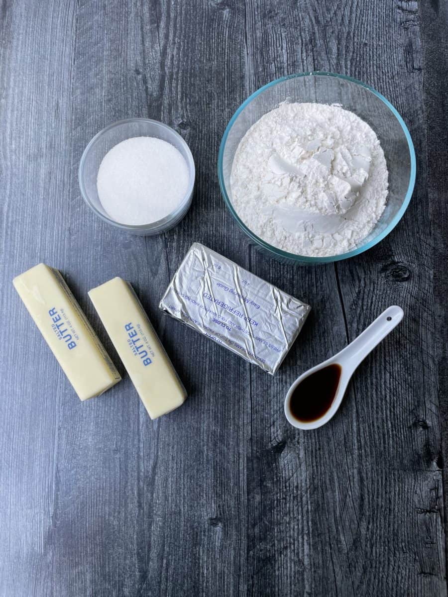 Spritz Cookie Ingredients - Cream Cheese, Butter, Flour, Sugar, and Vanilla.