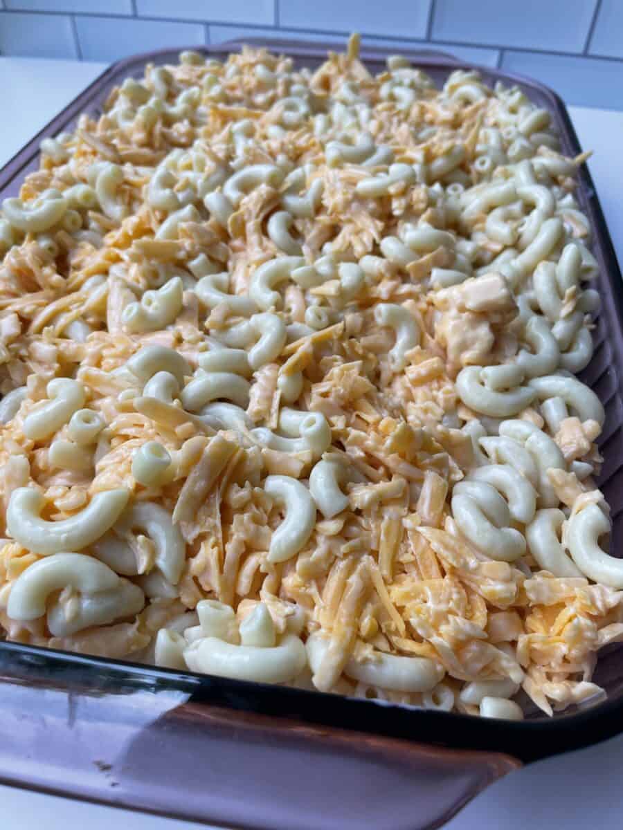 Fully assembled mac and cheese ready to smoke.