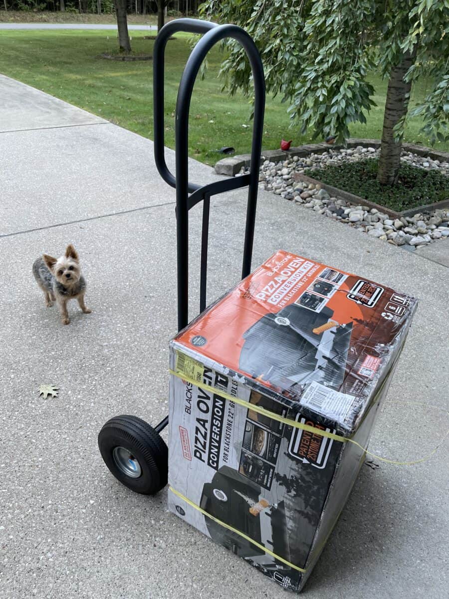 Transporting the Pizza Oven Box on a Dolly with Lola (my Yorkie dog) looking on.