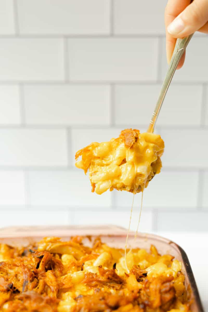 Spoonful of Pork Mac n Cheese with a Pan full.