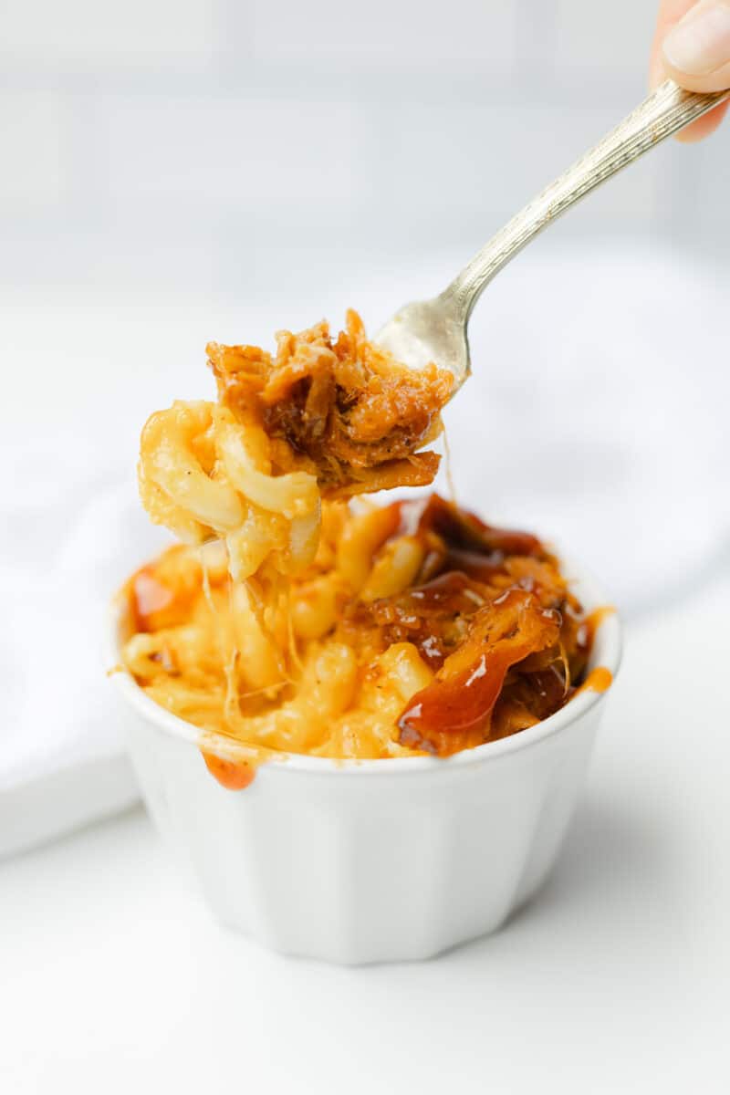 BBQ Sauce Drizzled over Pork Mac in a Serving Bowl.