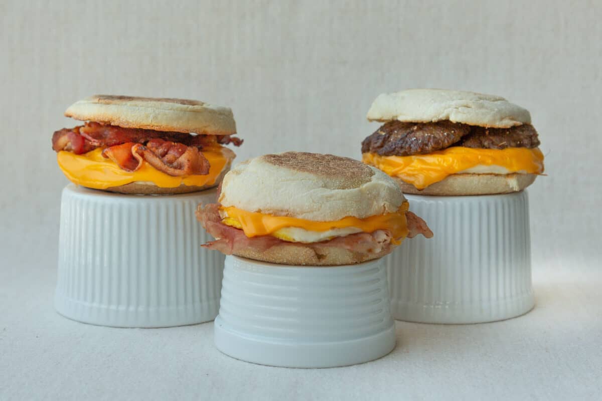 Griddle Breakfast Sandwiches: Ham, Bacon, and Sausage.